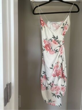 Floral Dress Spaghetti Strap White Pink Green with Slit & Asymmetrical Design